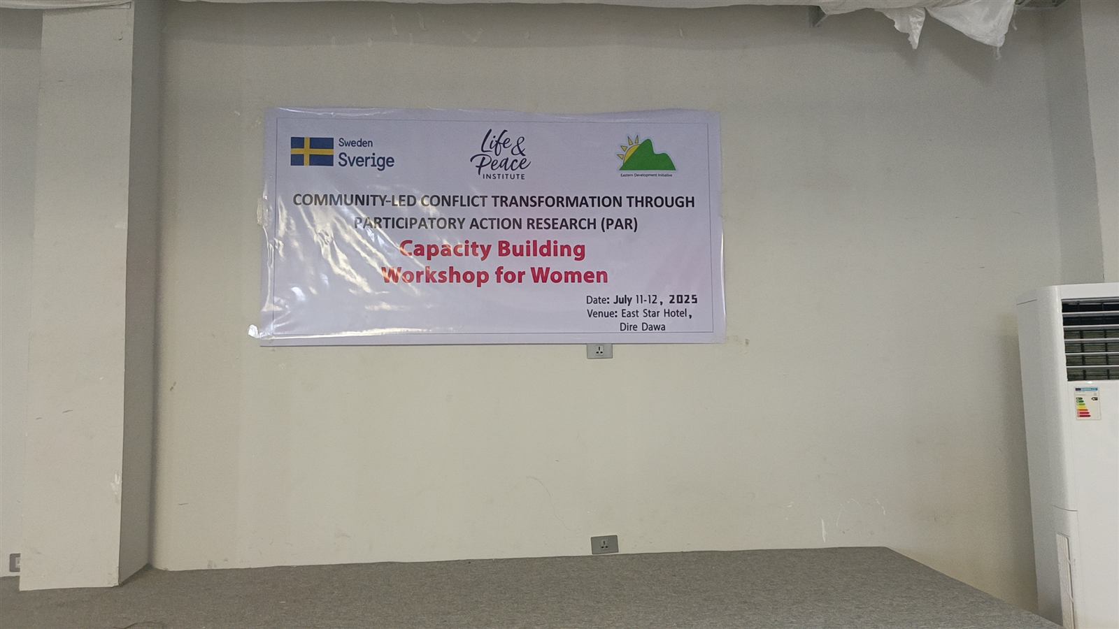 Close-up workshop banner: Sweden, Life and Peace Institute, EDI, Capacity Building Workshop for Women, July 11-12 2025, East Star Hotel